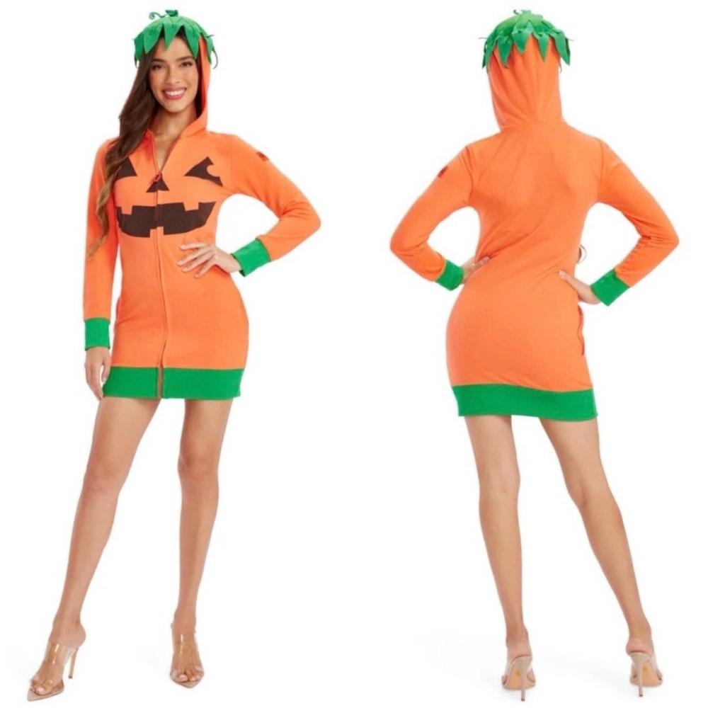 Tipsy Elves Women Pumpkin Jack O Lantern Halloween Costume Hoodie Dress Orange M